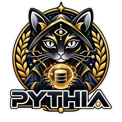 pythia logo: a black cat oracle holding a glowing database